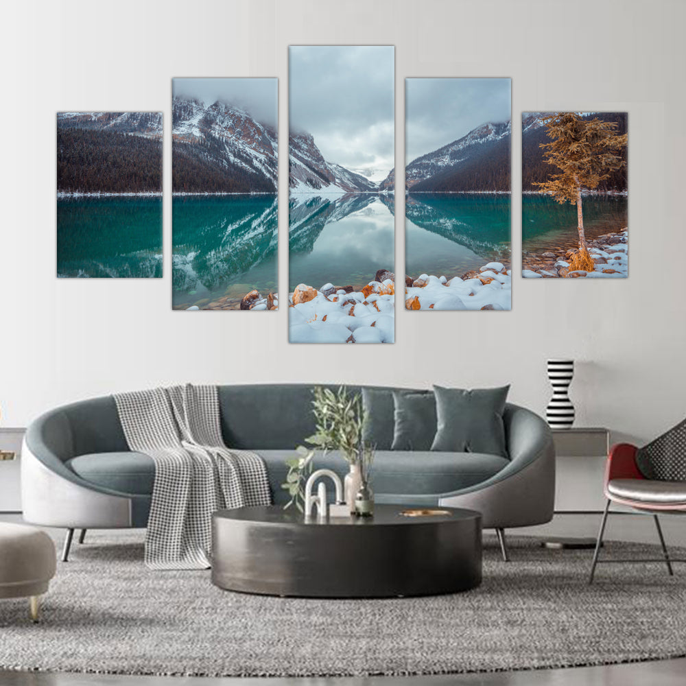 5-Piece Snow-Capped Mountain Lake Reflection Canvas Wall Art