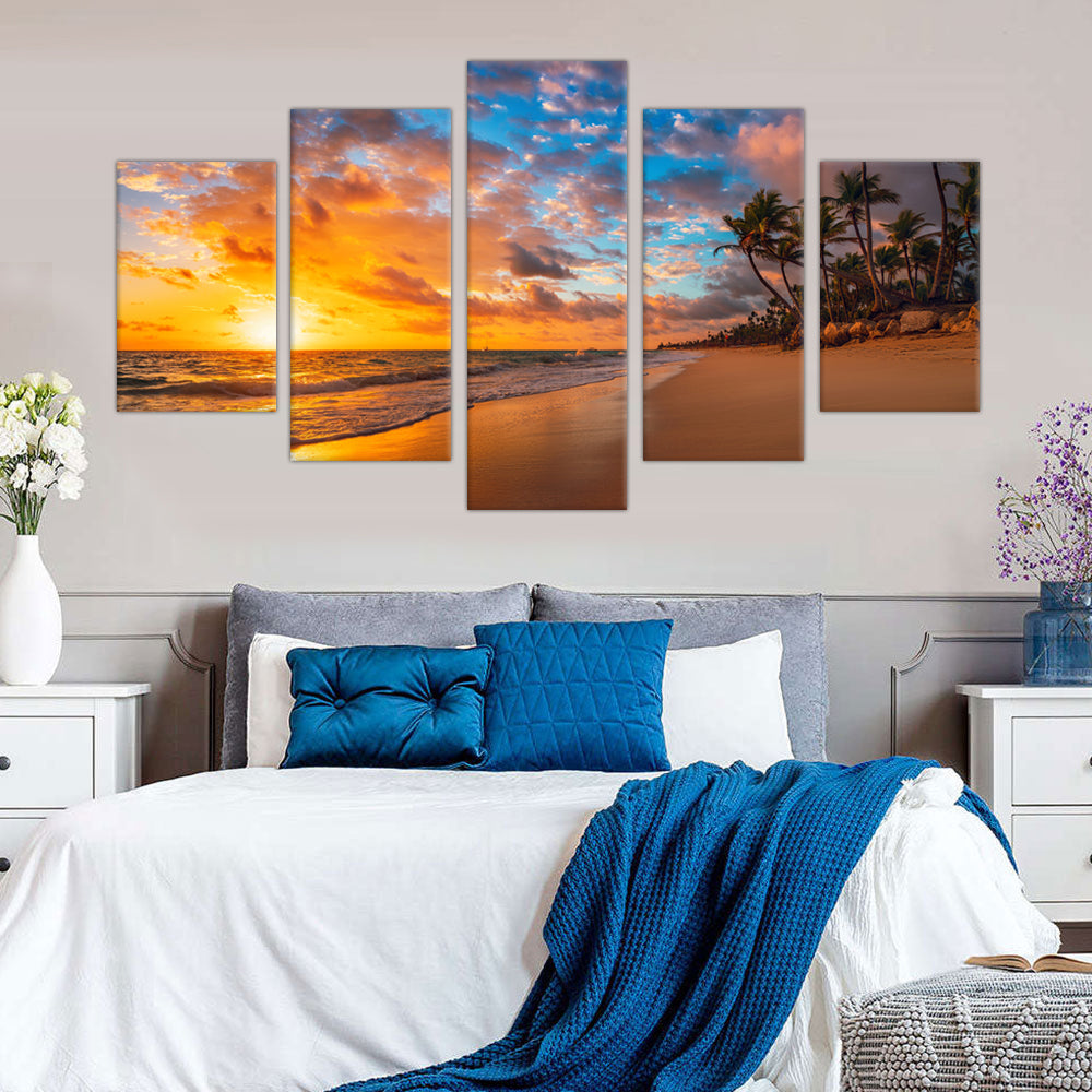 5-Piece Sunset on Tropical Beach Canvas Wall Art