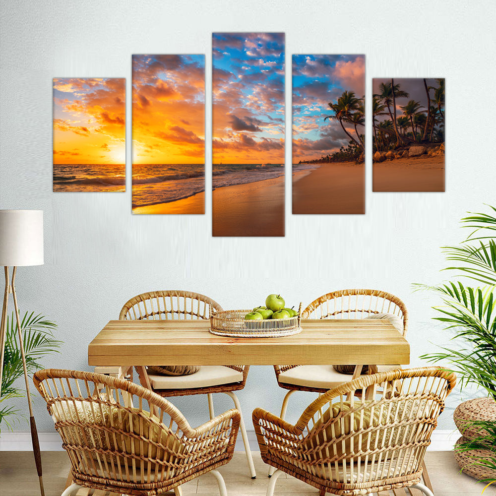 5-Piece Sunset on Tropical Beach Canvas Wall Art