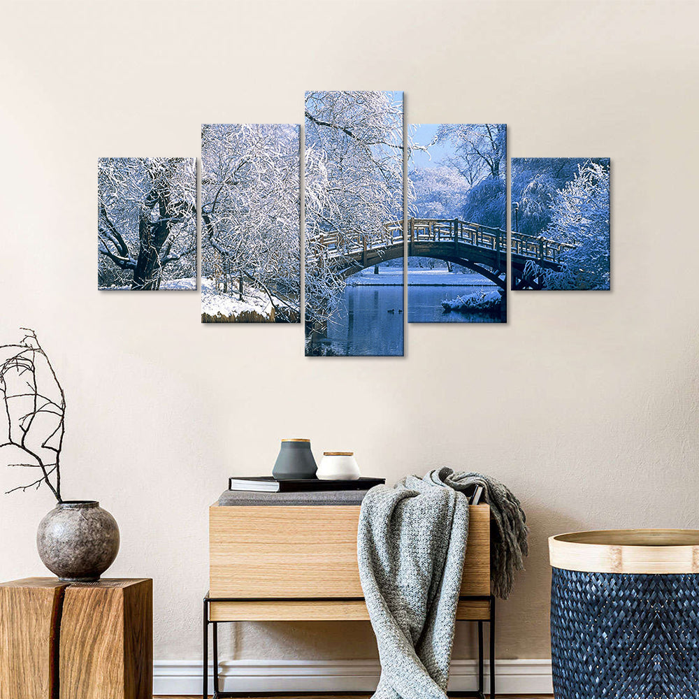 5-Piece Winter Lake Snow Bridge Canvas Wall Art