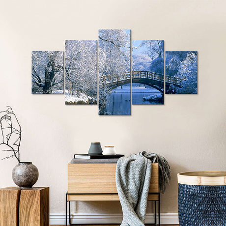 5-Piece Winter Lake Snow Bridge Canvas Wall Art