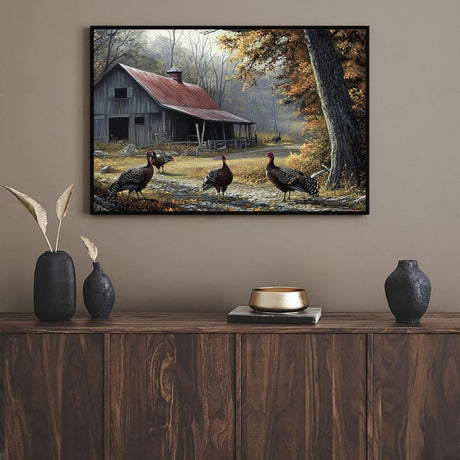 "Rustic Barn with Wild Turkeys"-Canvas Wall Art