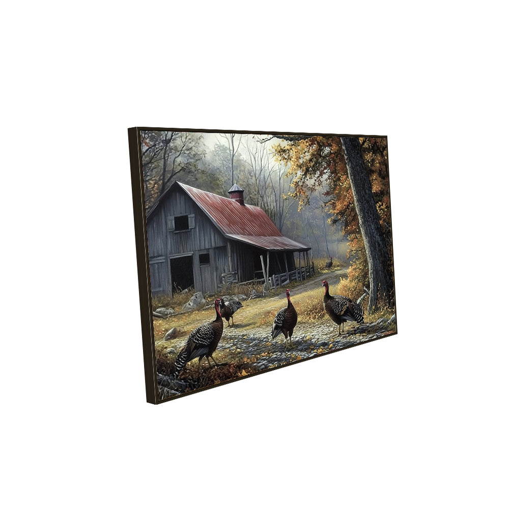 "Rustic Barn with Wild Turkeys"-Canvas Wall Art