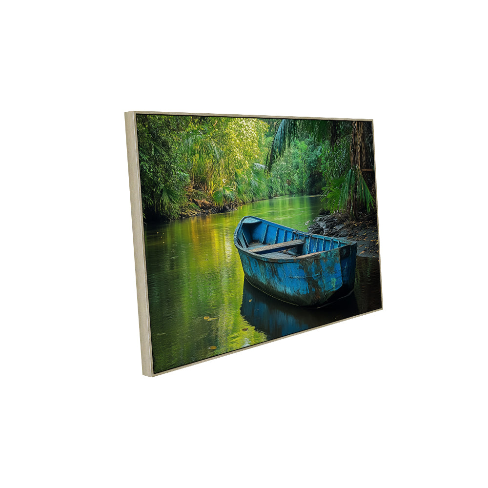 Serene River with Blue Boat Canvas Wall Art