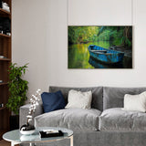 Serene River with Blue Boat Canvas Wall Art