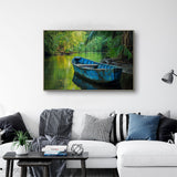 Serene River with Blue Boat Canvas Wall Art