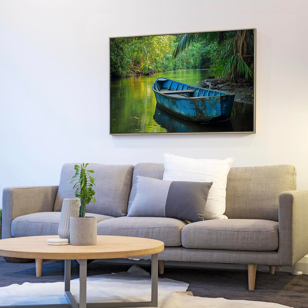 Serene River with Blue Boat Canvas Wall Art