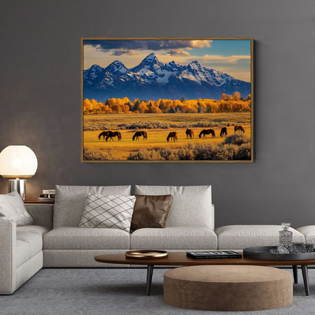 "Mountain Serenity with Grazing Horses"-Canvas Wall Art