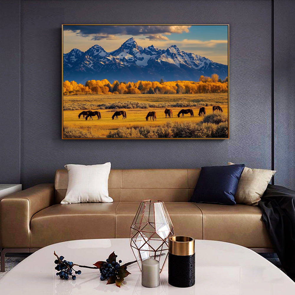 "Mountain Serenity with Grazing Horses"-Canvas Wall Art