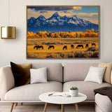 "Mountain Serenity with Grazing Horses"-Canvas Wall Art