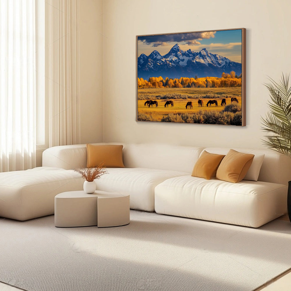 "Mountain Serenity with Grazing Horses"-Canvas Wall Art