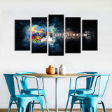 5 Piece Abstract Colorful Guitar on Black Canvas Wall Art