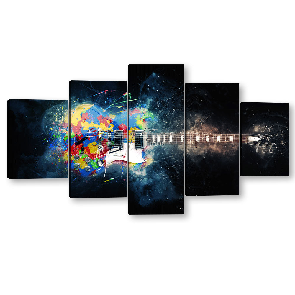 5 Piece Abstract Colorful Guitar on Black Canvas Wall Art