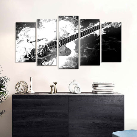 5 Piece Abstract Guitar in White Smoke Canvas Wall Art