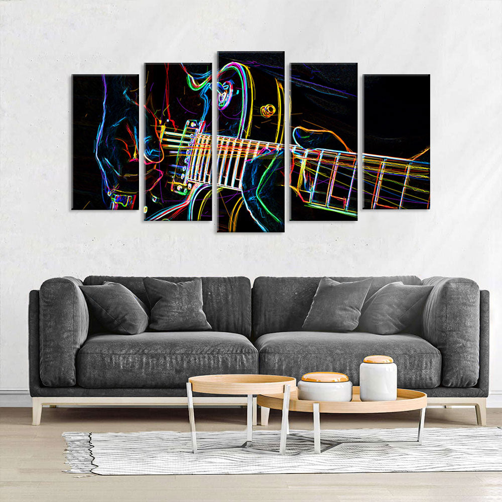 5 Piece Abstract Neon Light Guitar Canvas Wall Art