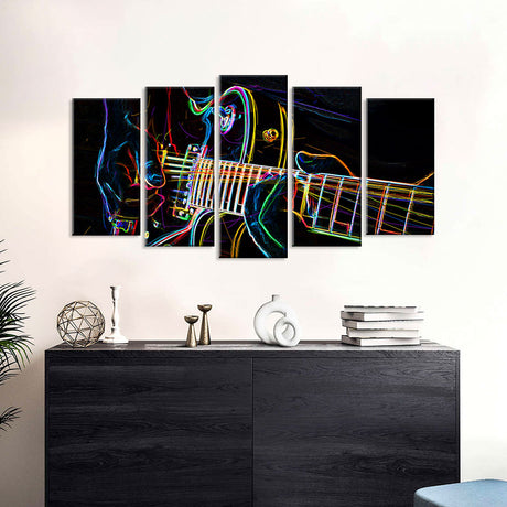 5 Piece Abstract Neon Light Guitar Canvas Wall Art