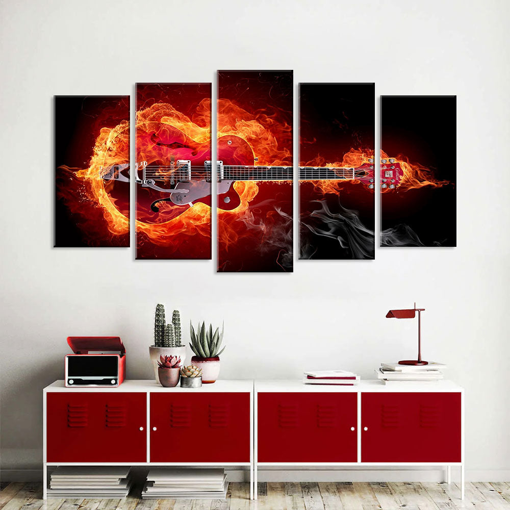 5 Piece Abstract Red Guitar in Fire Canvas Wall Art