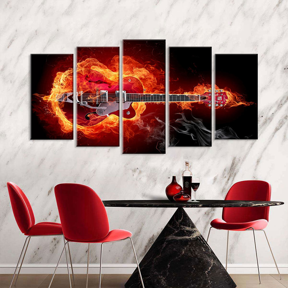 5 Piece Abstract Red Guitar in Fire Canvas Wall Art