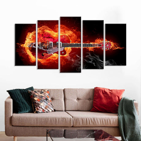 5 Piece Abstract Red Guitar in Fire Canvas Wall Art