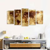 5 Piece Antique Gold-Tone World Map Canvas Wall Art