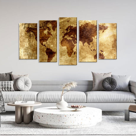 5 Piece Antique Gold-Tone World Map Canvas Wall Art