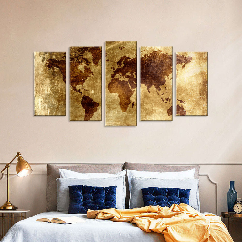 5 Piece Antique Gold-Tone World Map Canvas Wall Art