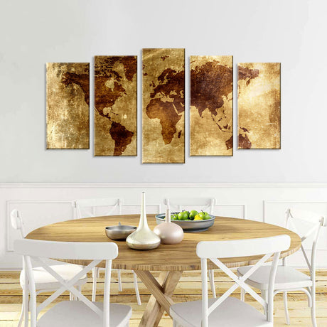 5 Piece Antique Gold-Tone World Map Canvas Wall Art