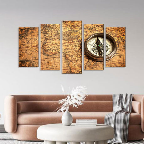 5 Piece Antique World Map with Compass Canvas Wall Art