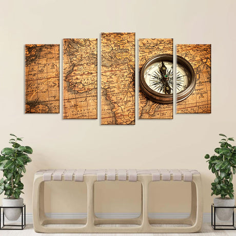 5 Piece Antique World Map with Compass Canvas Wall Art