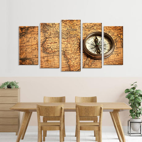 5 Piece Antique World Map with Compass Canvas Wall Art