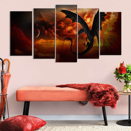 5 Piece Black Dragon Canvas Wall Art