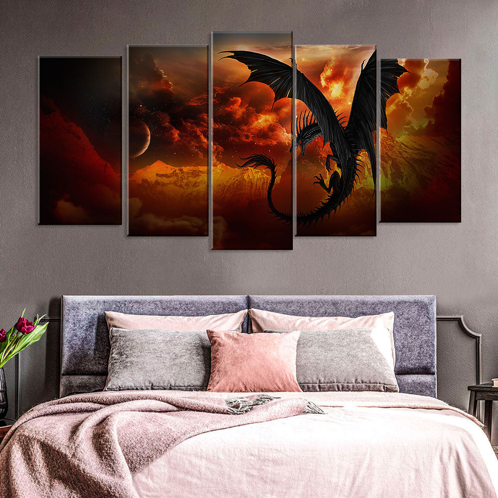 5 Piece Black Dragon Canvas Wall Art