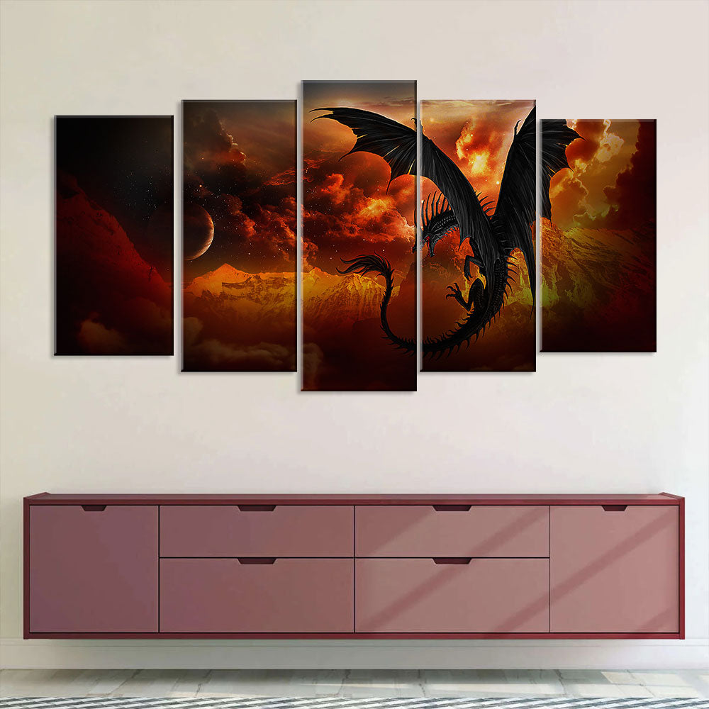 5 Piece Black Dragon Canvas Wall Art