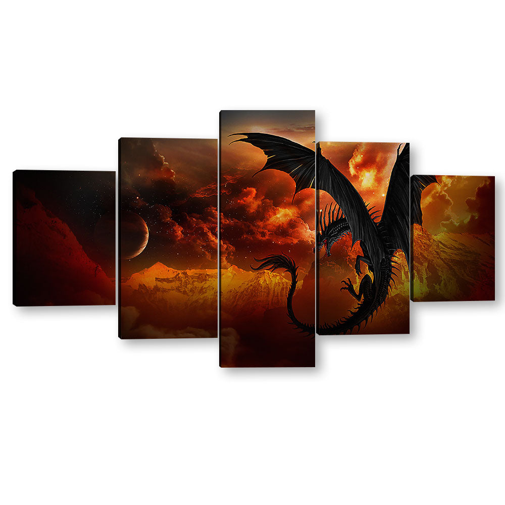 5 Piece Black Dragon Canvas Wall Art