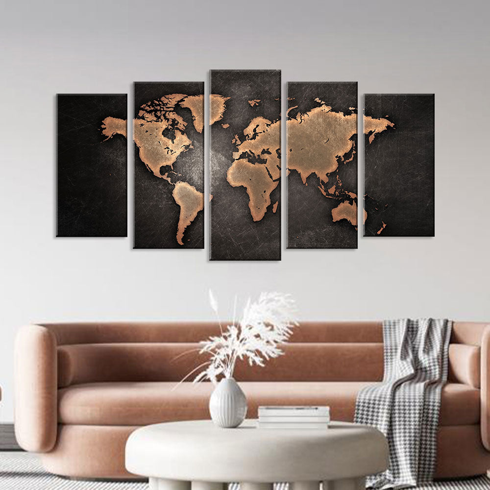 5 Piece Black World Map Canvas Wall Art