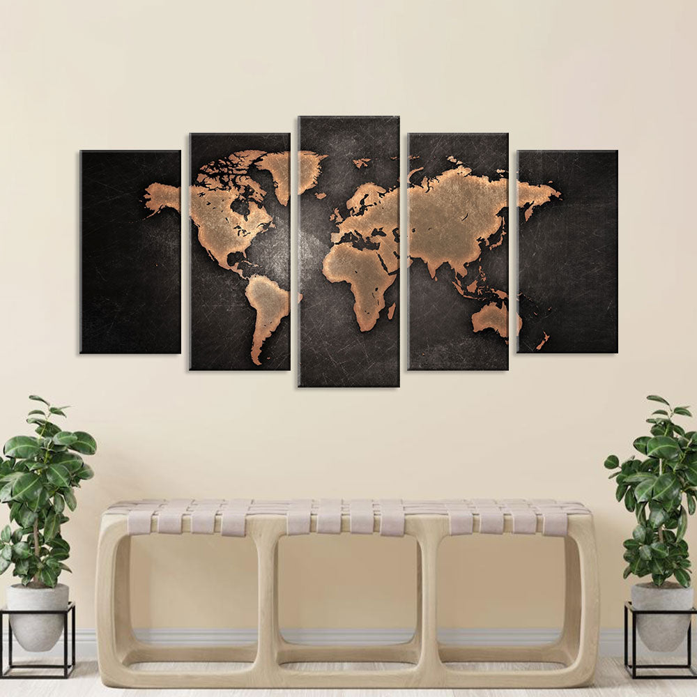 5 Piece Black World Map Canvas Wall Art