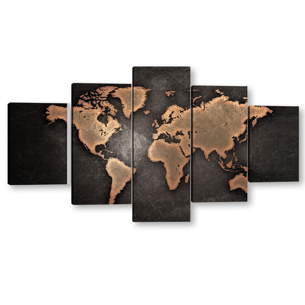 5 Piece Black World Map Canvas Wall Art