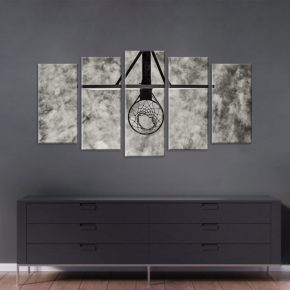 5 Piece Black and White Basketball Hoop Canvas Wall Art