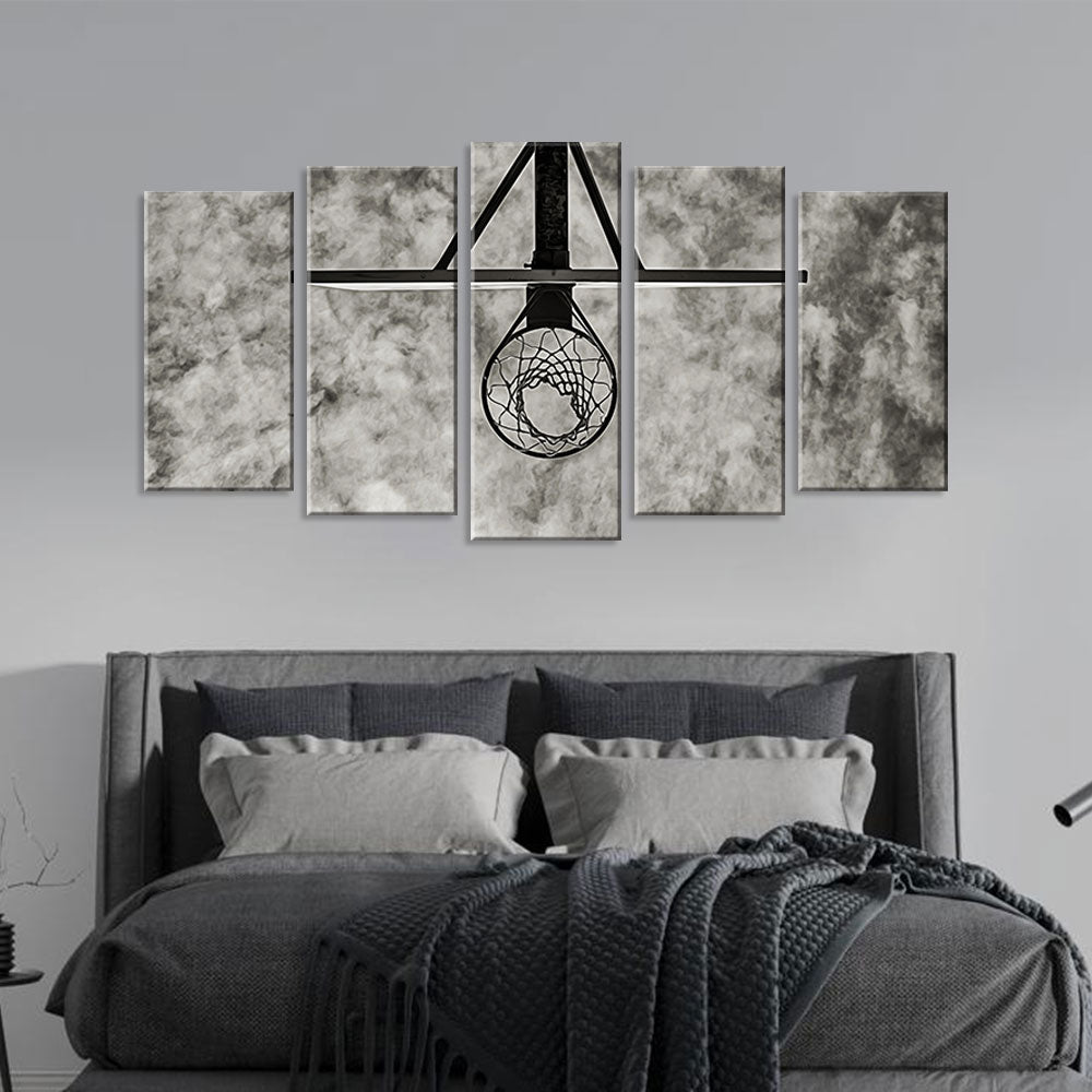 5 Piece Black and White Basketball Hoop Canvas Wall Art