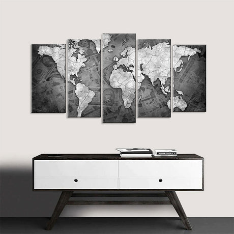 5 Piece Black and White World Map Canvas Wall Art