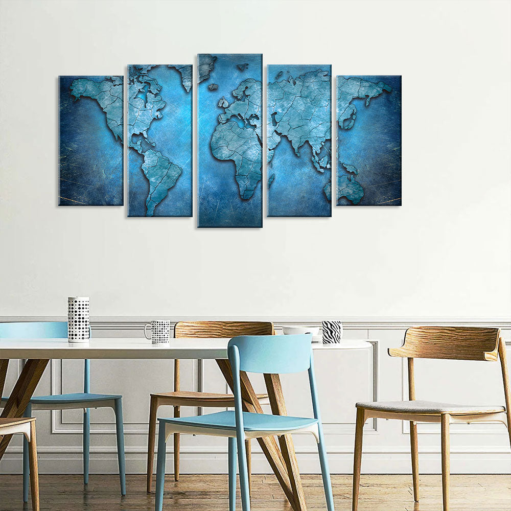 5 Piece Blue World Map Canvas Wall Art