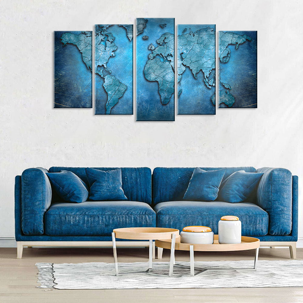 5 Piece Blue World Map Canvas Wall Art