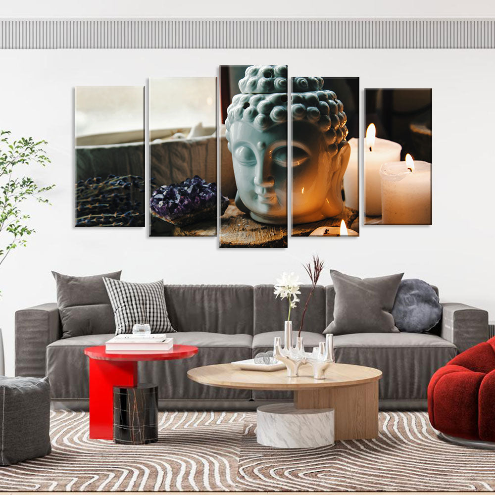 5 Piece Buddha Head with Candle Canvas Wall Art