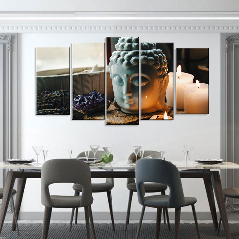 5 Piece Buddha Head with Candle Canvas Wall Art