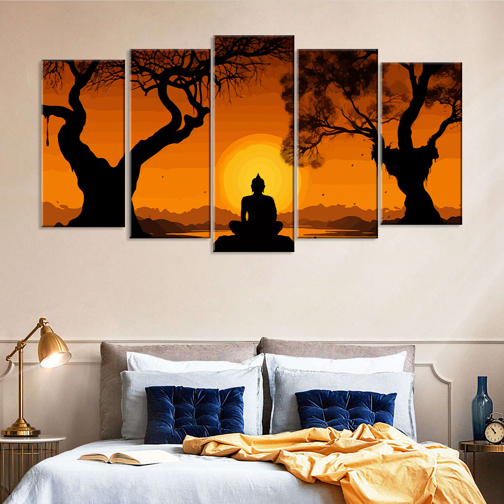 5 Piece Buddha Sitting in Sunset Canvas Wall Art