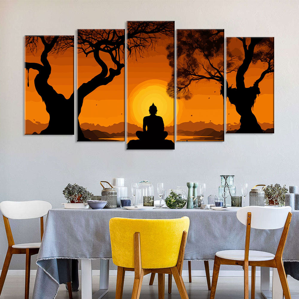 5 Piece Buddha Sitting in Sunset Canvas Wall Art