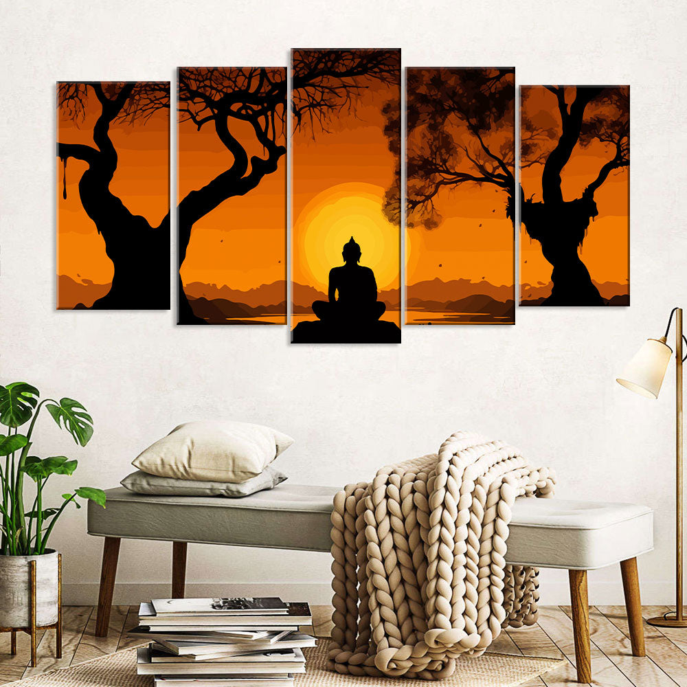 5 Piece Buddha Sitting in Sunset Canvas Wall Art