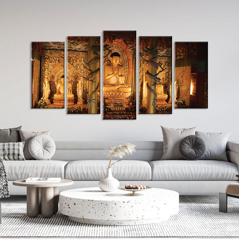 5 Piece Buddha Sitting in Temple Canvas Wall Art