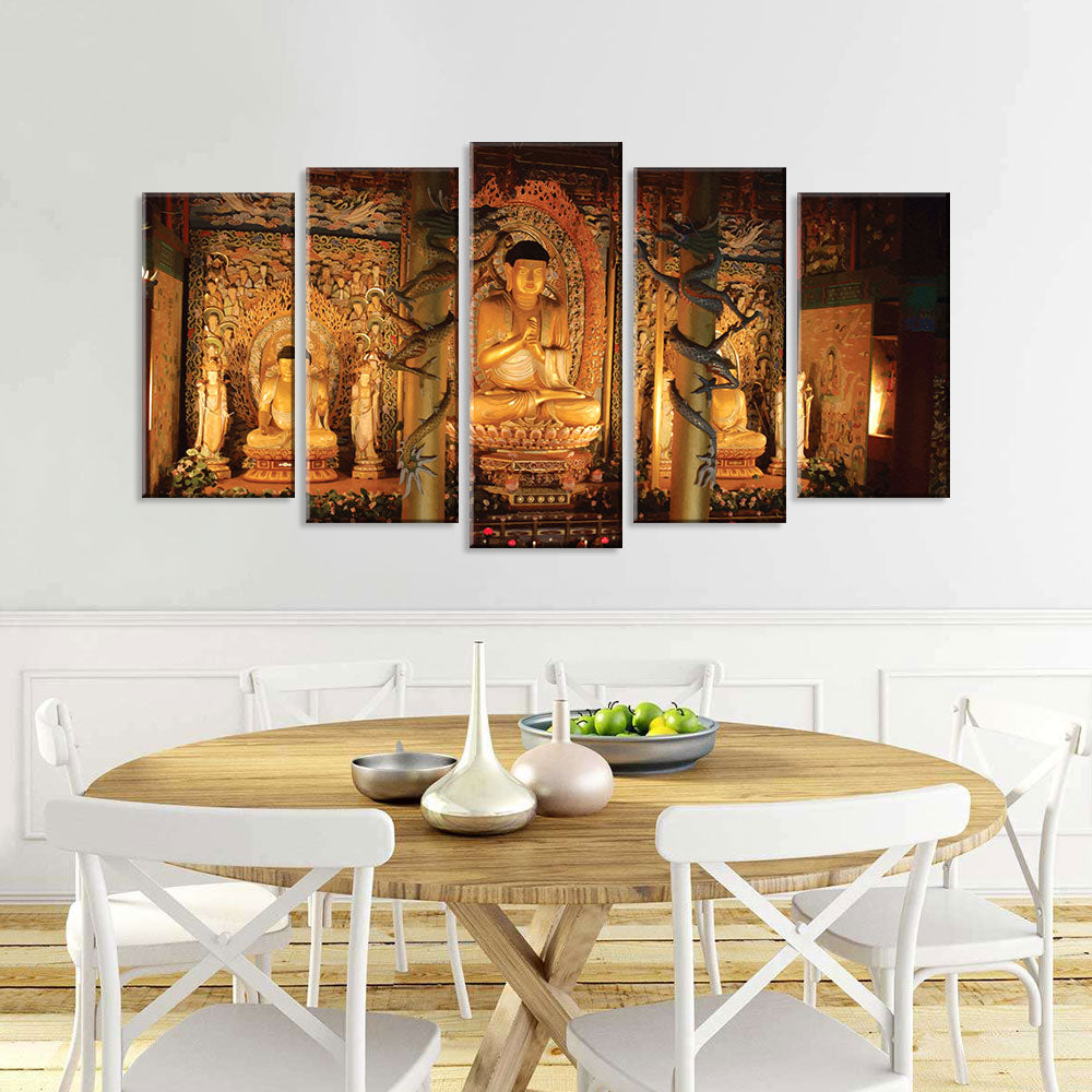 5 Piece Buddha Sitting in Temple Canvas Wall Art