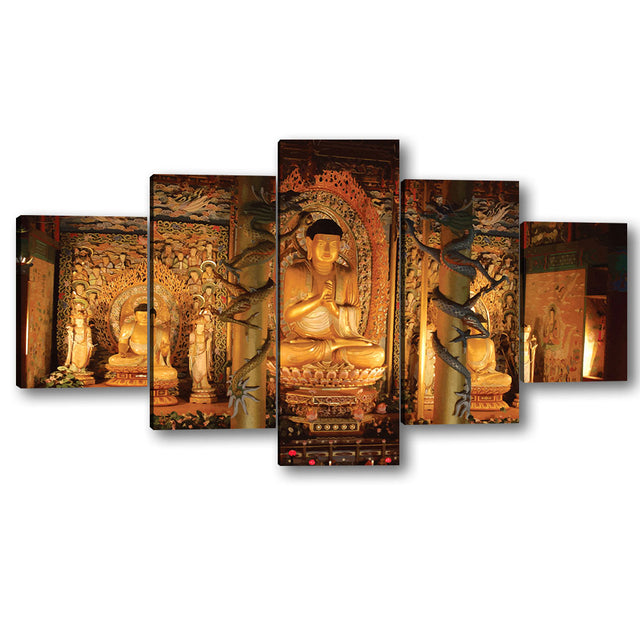 5 Piece Buddha Sitting in Temple Canvas Wall Art